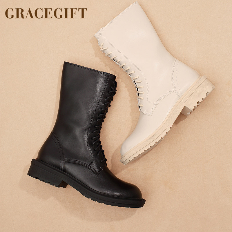 grace gift不过膝靴女绑带圆头厚底防滑机车靴中筒靴子侧拉链女靴