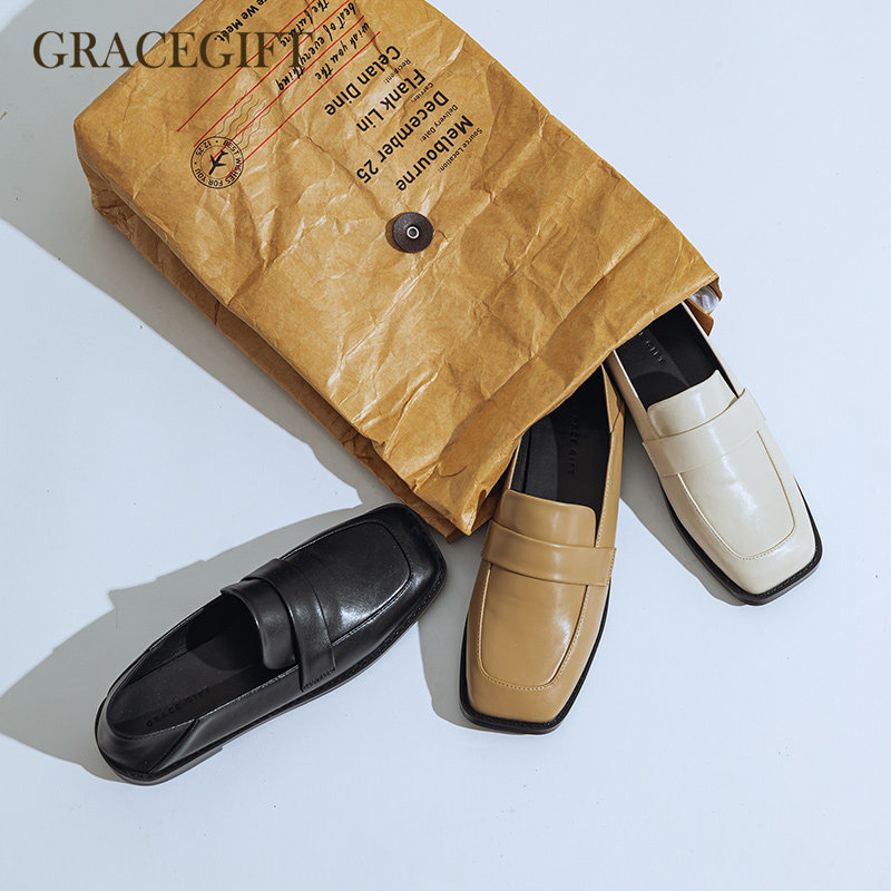 grace gift乐福鞋女方头平底踩脚两穿小皮鞋素面简约休闲半拖鞋