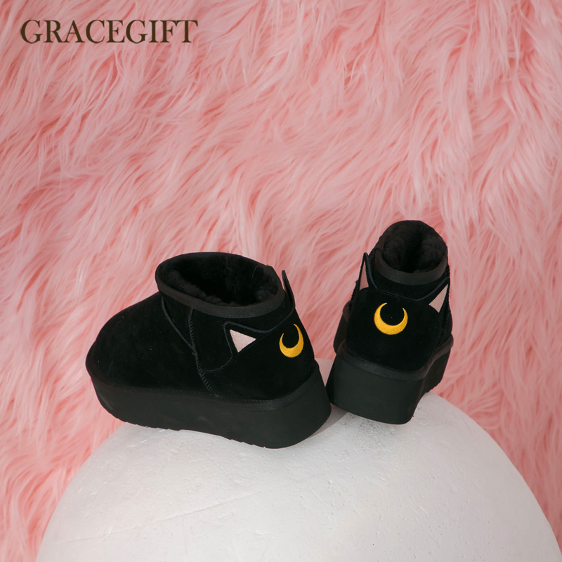 gracegift真皮厚底保暖雪地靴女