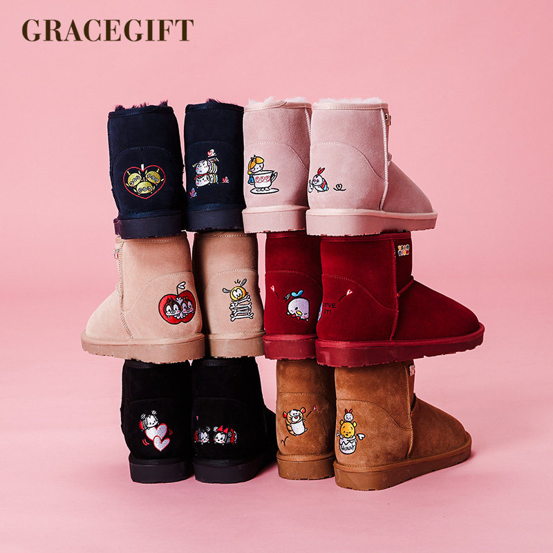 grace gift雪地靴女真皮可爱刺绣加绒保暖防滑雪地棉鞋面包鞋冬靴