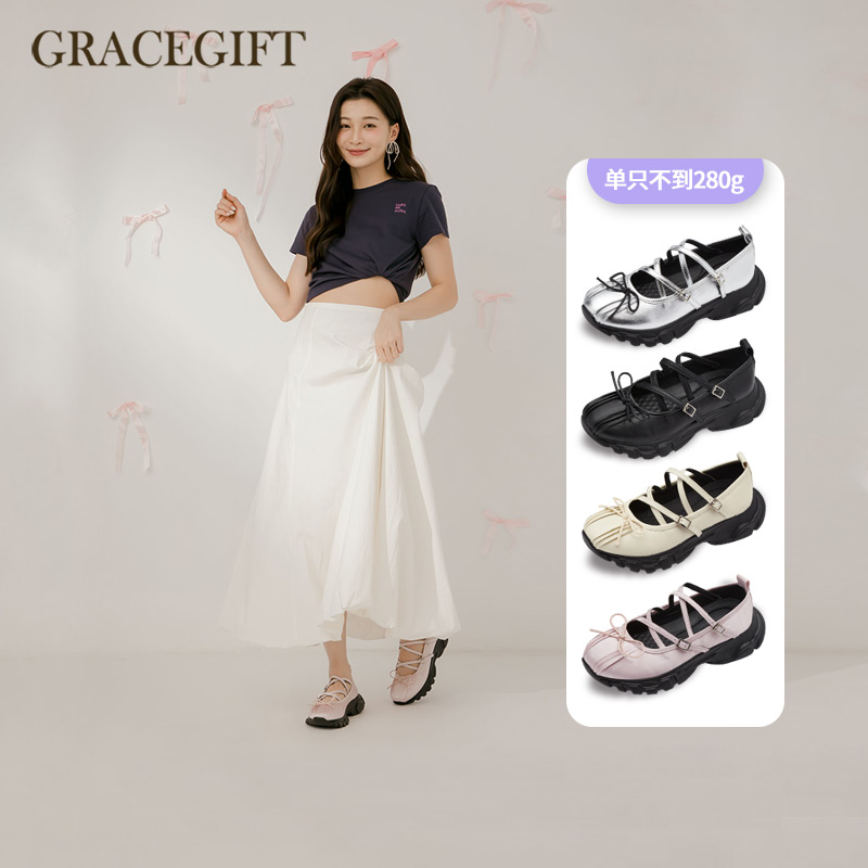 Grace gift厚底玛丽珍鞋女复古交叉带蝴蝶结增高运动风芭蕾舞鞋子