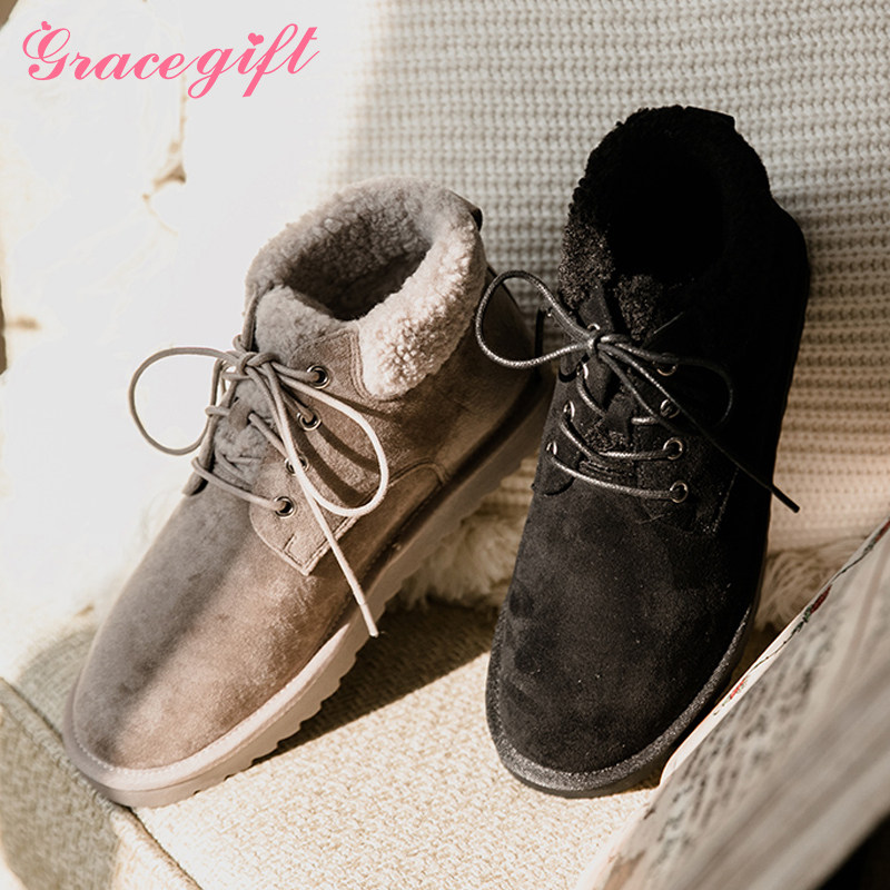 grace gift雪地靴女绑带翻领毛毛靴保暖棉鞋防滑冬靴