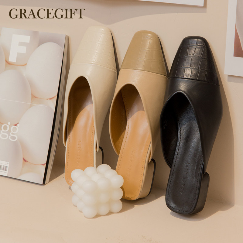 grace gift包头半拖鞋女夏外穿日系新款方头平底穆勒凉拖半托鞋