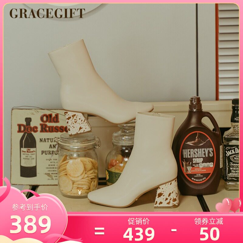 grace gift时尚靴女秋冬季新款百搭女靴侧拉链时装靴时尚低筒靴子