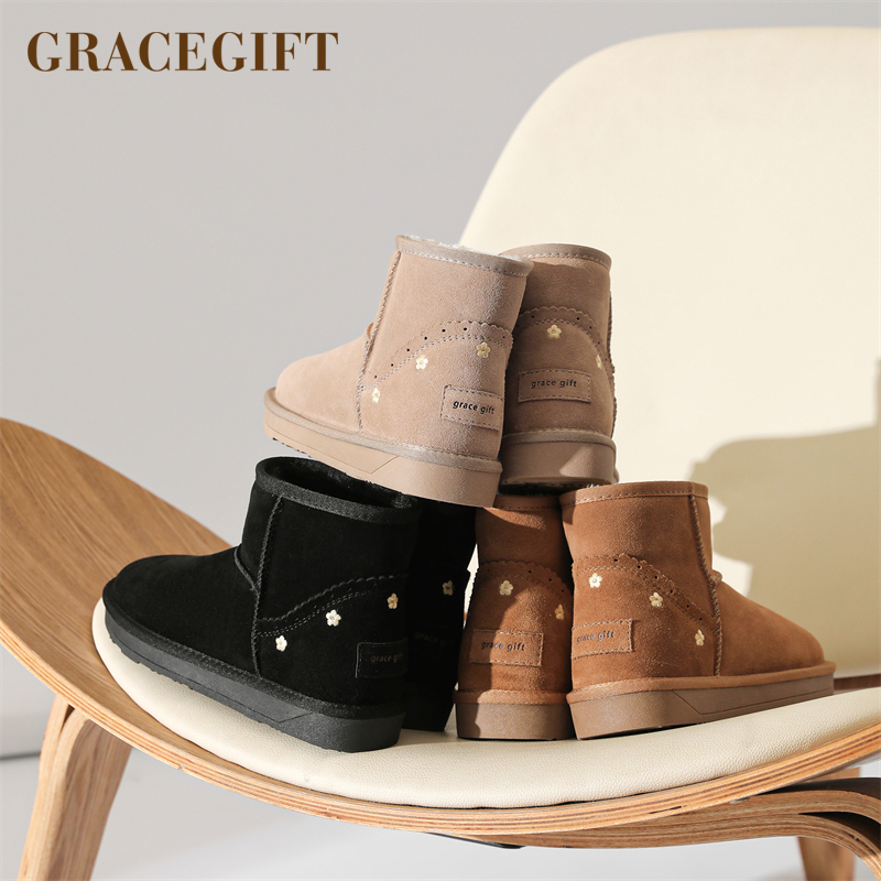 gracegift冬季加绒保暖雪地靴女
