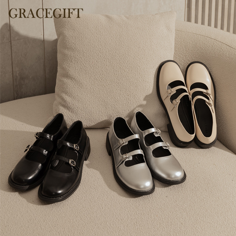 Grace gift复古芭蕾舞鞋女法式一字扣早春新款平底休闲玛丽珍鞋子
