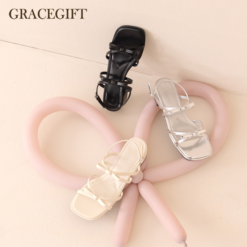 Grace gift凉鞋女款银色中跟2025夏季新款绝美蝴蝶结甜美罗马凉鞋