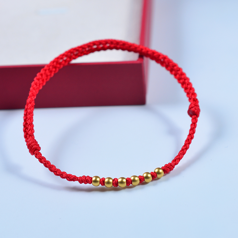 手工编织黄金珠手链女999足金红绳本命年手绳情侣一对男女款礼物
