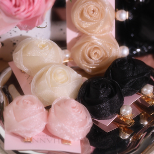 【珍珠玫瑰】欧根纱质感升级粉色黑发夹优雅小香风夹子头饰扎头发