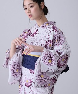 日单浴衣日本传统款 花影a 和服YUKATA棉麻质地少女连衣裙紫苑