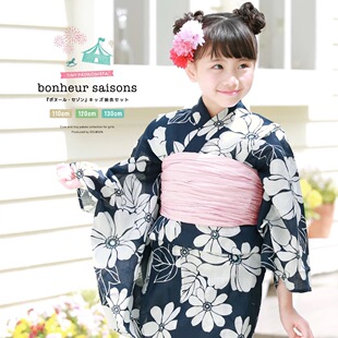 夏季传统棉麻面料 日本女童和服 儿童浴衣套装 蝴蝶结腰带120尺码