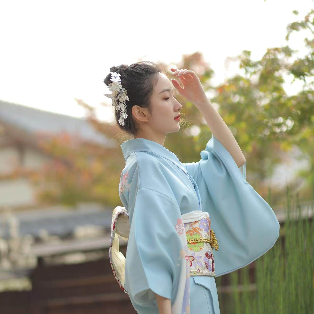日本和服浴衣浅蓝色改良款女士