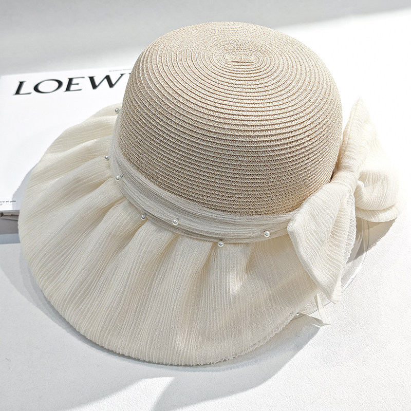 草帽女式夏季渔夫帽海边度假双层纱大帽檐防晒帽草编可折叠遮阳帽