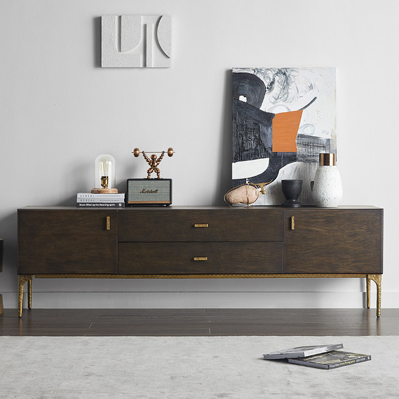 小户型客厅电视柜开门抽屉烟熏色收纳柜地柜组合柜贴实木皮落地柜