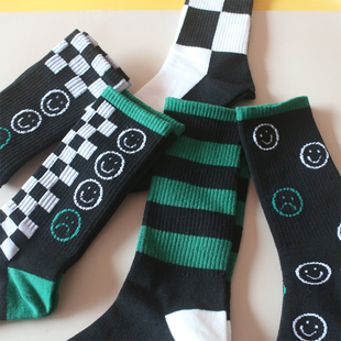 纯棉高筒棉袜 春秋季 棋盘格袜子女潮网红款 超火街头潮袜2023年新款