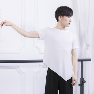 男生现代舞练功服夏宽松舞蹈上衣短袖莫代尔下摆斜角圆领舞蹈服男
