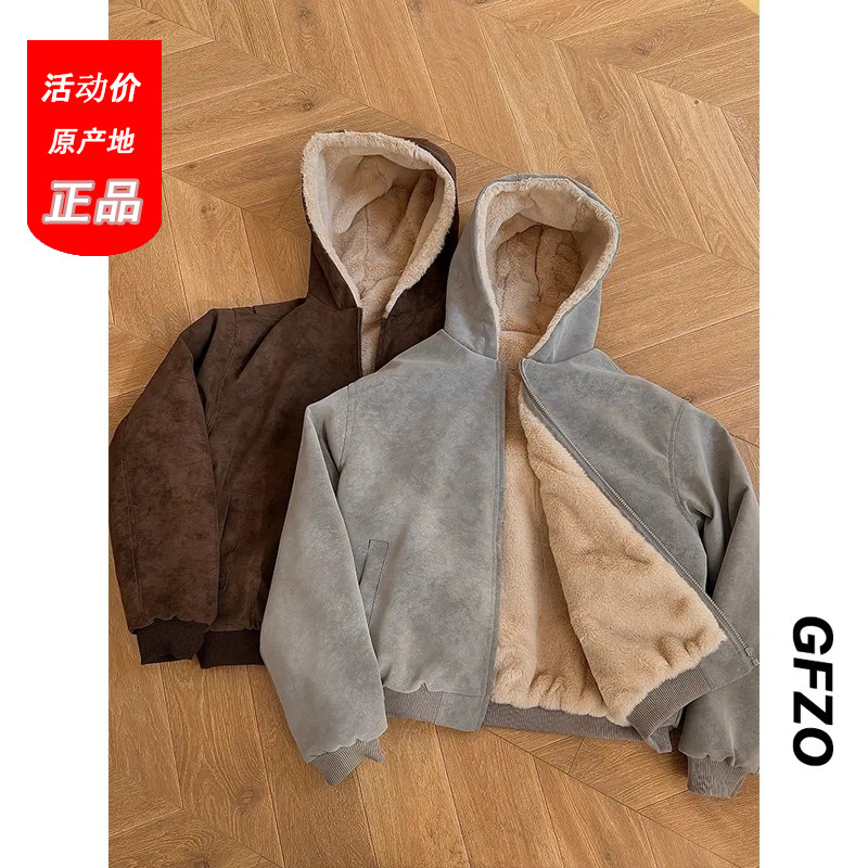 冬季加绒加厚保暖外套仿兔毛连帽