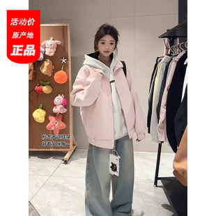 粉色立领皮衣夹克男女款秋季cleanfit短款防风外套情侣休闲棒球服