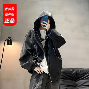 宽松硬挺机车boxy外套休闲拉链帽衫 秋季 pu连帽皮衣夹克男女款 美式