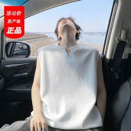 美式肌理感冰丝无袖背心男夏季薄款运动坎肩T恤潮流宽松V领上衣