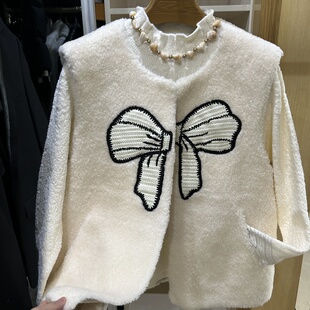 柜单！全羊毛皮毛一体颗粒绒圆领马甲外套皮草女 蝴蝶结元素白色