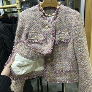 柜货！南油慧家小香风羽绒服 粉紫色流苏名媛风外套正肩拉毛开衫