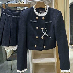 南油富家千金高级感名媛宫廷风藏蓝女团制服纯欲小香风百褶裙套装