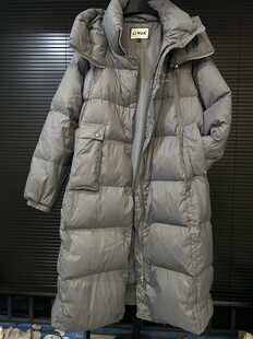 Li家南油鹅绒长款羽绒 灰色高充绒量保暖连帽长外套过膝长鹅绒服
