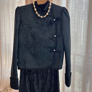 欧洲站新中式女秋季国风马面裙搭配的上衣外套短款盘扣小外套黑色