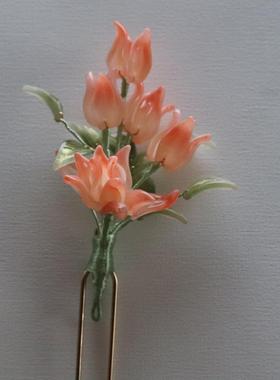 云锦簪原创纯手工定制汉服头饰中国风配饰佛手花古风琉璃簪花橙色