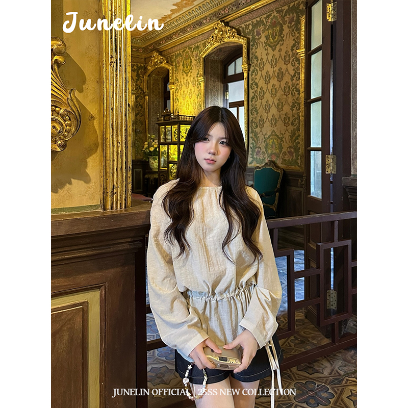 六月林 韩系时尚休闲绑带收腰长袖衬衫宽松褶皱荷叶边显瘦优雅ins