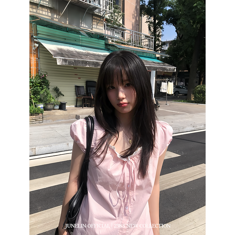 六月林 韩国博主同款粉色系带衬衫短袖女小众韩版宽松木耳边上衣