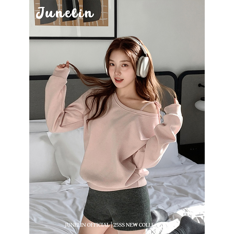 六月林 韩系甜美日常慵懒宽松露肩绑带卫衣简约设计感百搭上衣女