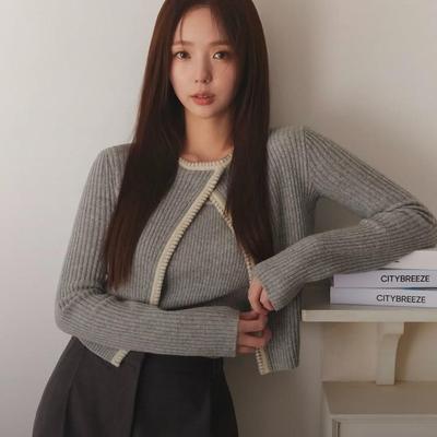 六月林 韩国博主同款灰色针织开衫女设计感吊带背心外搭两件套