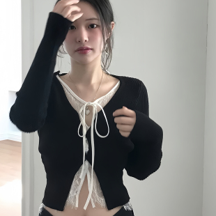 上衣 黑色辣妹蕾丝拼接绑带假两件撞色女长袖 六月林 韩国博主同款
