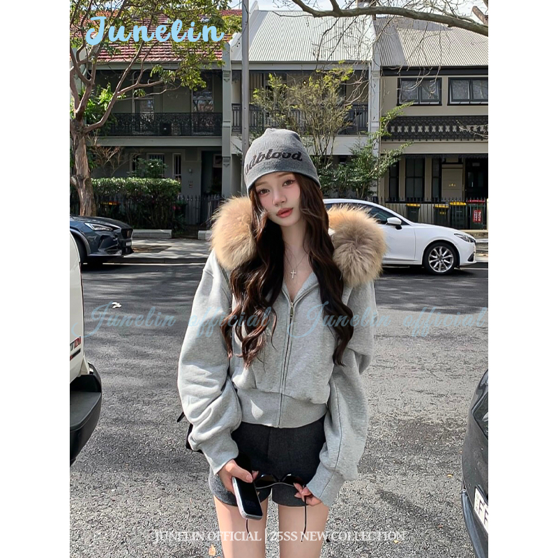 美式复古灰色连帽毛领短款外套