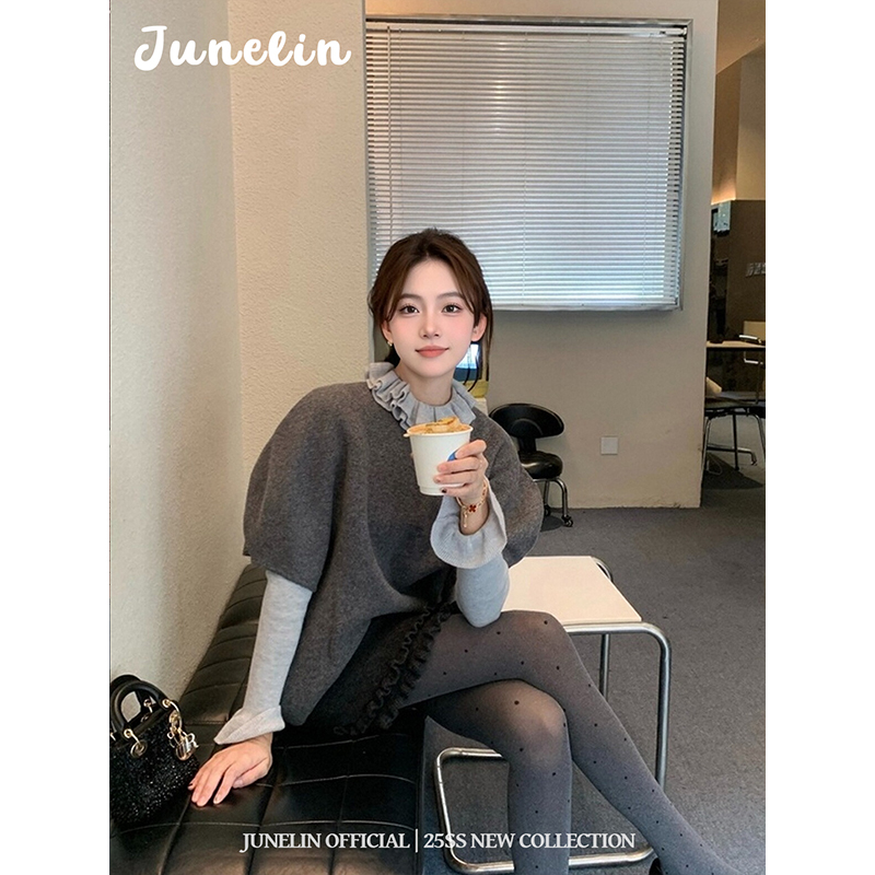 六月林 韩版聚会通勤穿搭温柔风时尚灰色针织毛衣两件套黑色半裙