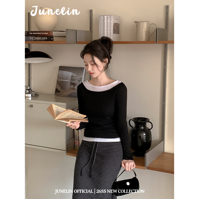 六月林 韩版温柔通勤层次感假两件针织上衣显瘦内搭简约设计感女,女装/女士精品,大码内搭,淘宝优惠券,粉丝福利购,淘宝优惠卷