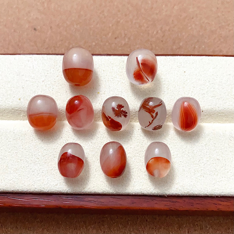 天然南红飘花枣珠通孔意境花纹聚宝盆草花手串项链顶珠配饰