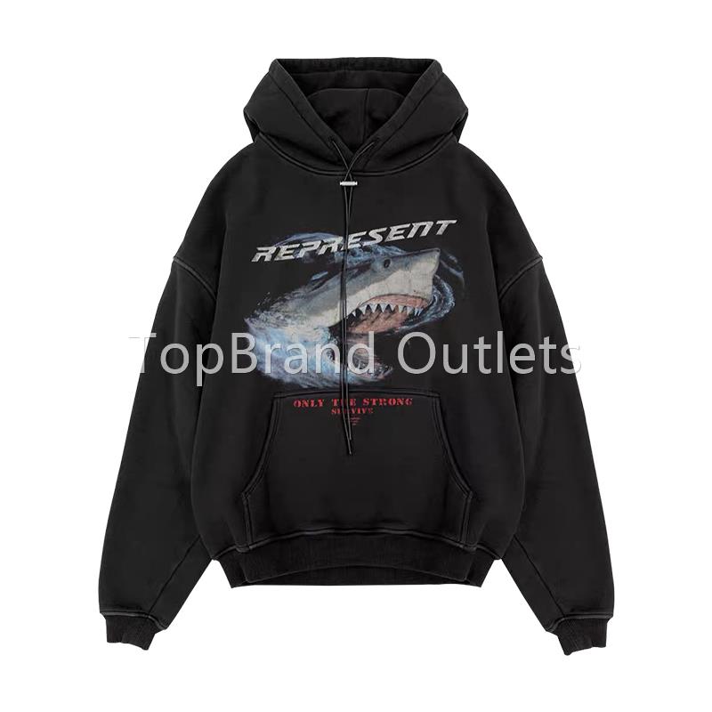 Represent 20FW Vintage Hoodie 鲨鱼印花水洗做旧帽衫连帽卫衣潮