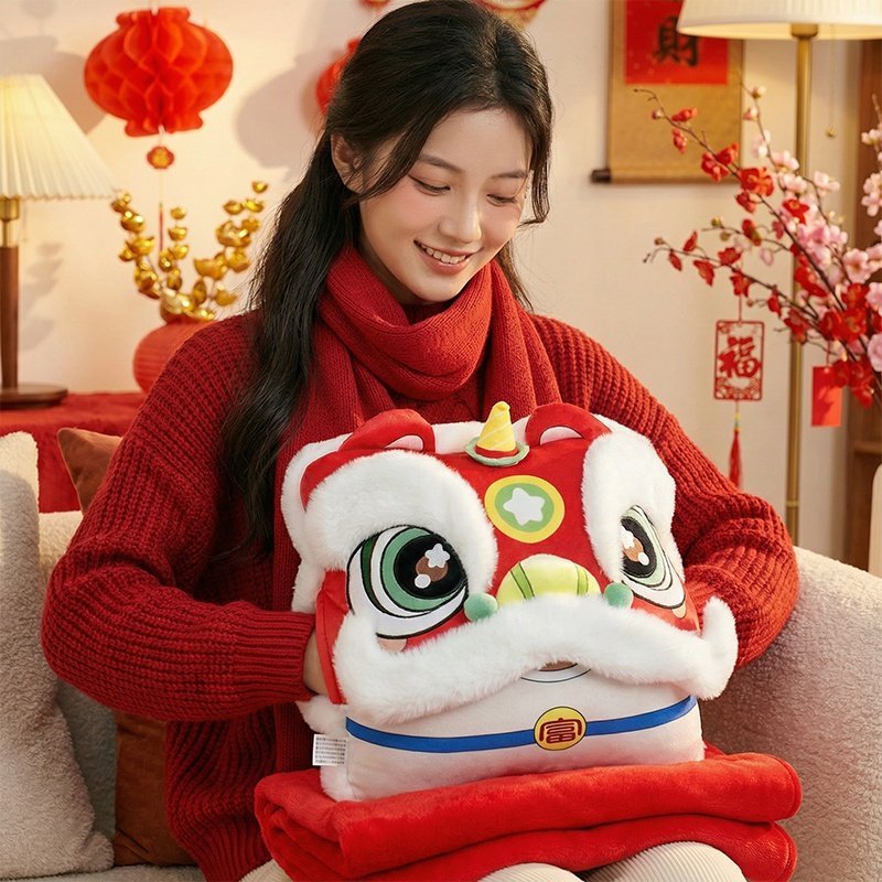 国潮红色醒狮抱枕暖手毯子毛绒玩具红色新年舞狮沙发抱枕一对靠垫,玩具/童车/益智/积木/模型,毛绒/玩偶/公仔/布艺类玩具,淘宝优惠券,粉丝福利购,淘宝优惠卷