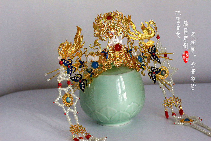 水墨音色 汉服烧蓝发冠/或材料包 颤枝蝴蝶 月华双笙 有教程