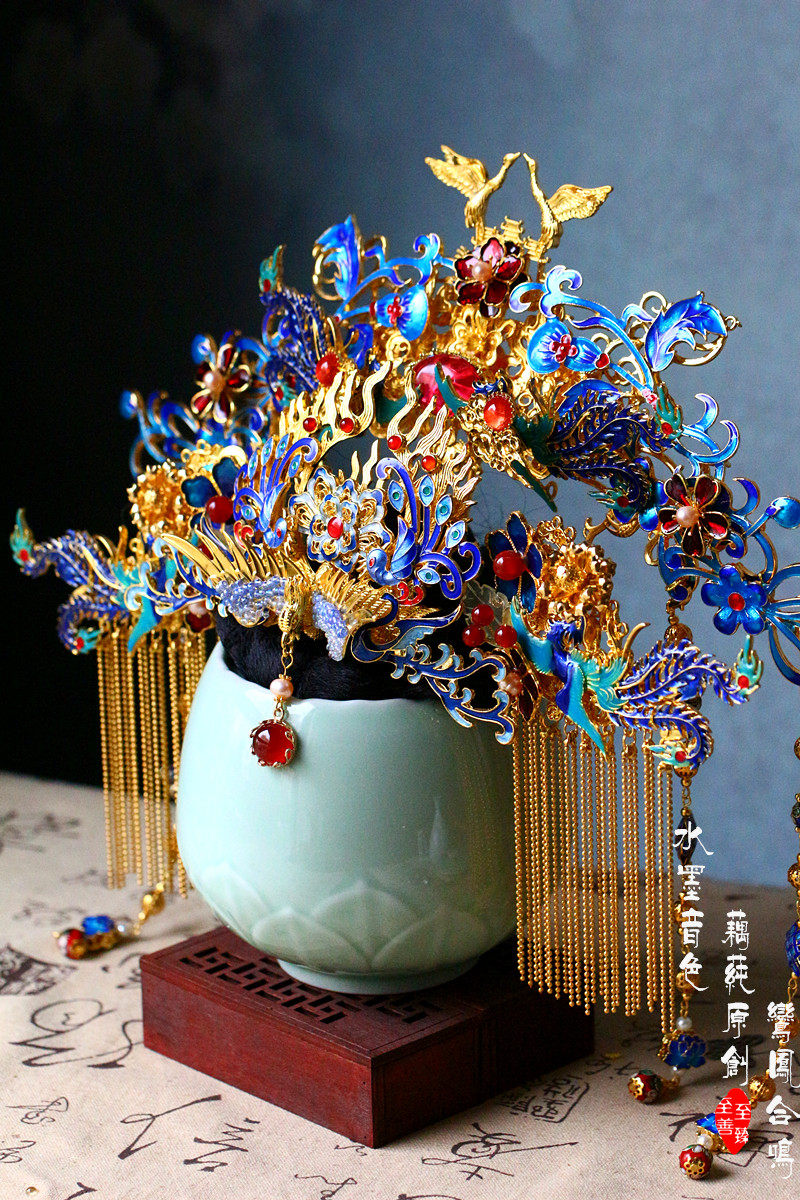 水墨音色 汉服烧蓝发冠/或材料包 新娘头饰组合冠 鸾凤和鸣有教程