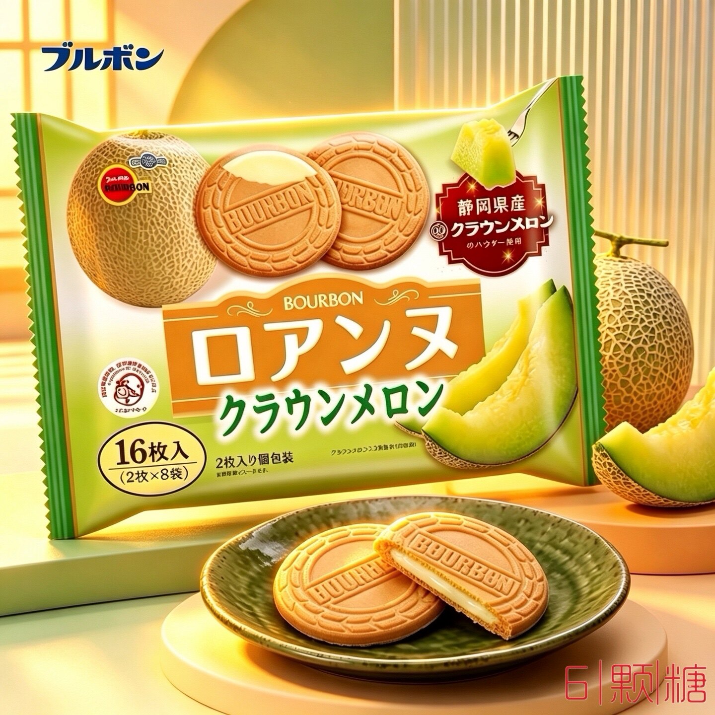 夏季限定零食日本布尔本皇冠哈密瓜味薄脆法式圆饼香草夹心威化饼