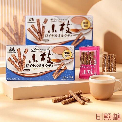 日本进口零食森永小枝牛奶杏仁皇家奶茶味夹心坚果巧克力棒饼干条