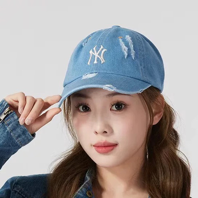 MLB正品24秋冬新款水洗做旧复古破洞棒球帽鸭舌帽情侣款cPVD34N