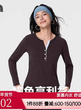 AIMER MOVE/爱慕运动正品女士休闲亨利领长袖T恤上衣MOTP0055