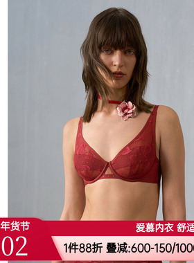 爱慕·CHUANG玫瑰4内衣女4/4轻薄杯大胸显小红色文胸CA131401