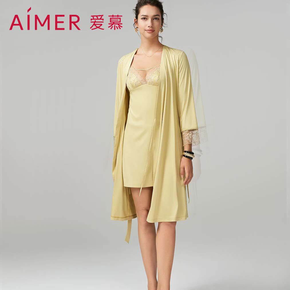 爱慕睡衣女士薄款性感长袖莫代尔中长睡袍家居服AM488791