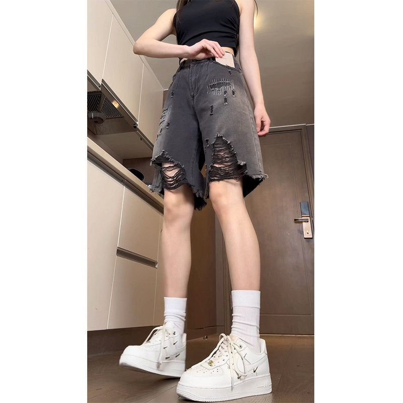 五分裤女夏ins设计感乞丐破洞牛仔裤